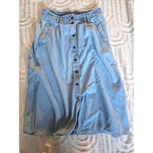 Vintage Lizwear Denim Button-Front Midi Skirt – Size 10 Petite – High Waist